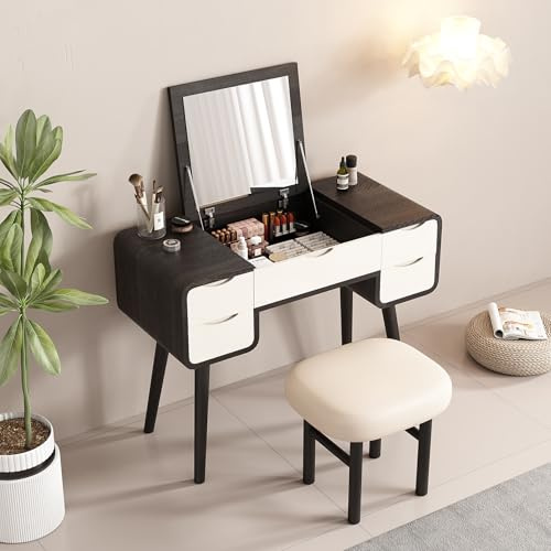 Lartis Flip Top Vanity Table Stylish Makeup Vanity with Stool, Makeup Vanity Desk, Reversible Makeup Mirror, Hidden Storage Compartment,Very Easy to Assemble