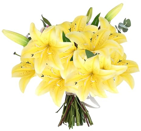 5PCS Artificial Lilies Set Artificial Lily Flower Short Stem Artificial Flowers with 12 Blooming Flower Heads and 5 Buds for Home Wedding Office Party Festival Decoration (Yellow)