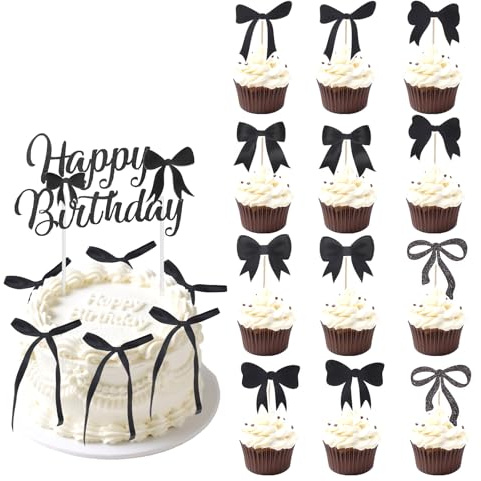 lasuroa Adorno Tarta Lazo, Adorno para Magdalena Lazo Negro con 1 Tarjeta Happy Birthday Suministros de Decoración para Fiestas de Cumpleaños Bodas y Baby Shower