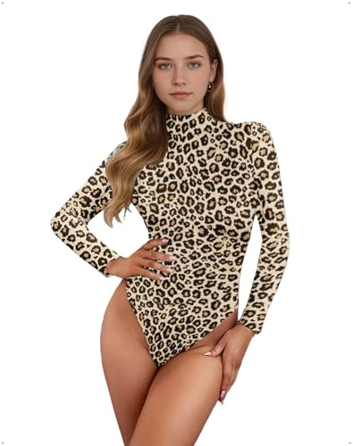 EMOTTOS Body Sexy con Estampado de Leopardo para Mujer, Mono Ajustado de Manga Larga con Doble Forro y Cuello para Mujer, Camiseta sin Mangas Entallada de una Sola Pieza, Tallas M