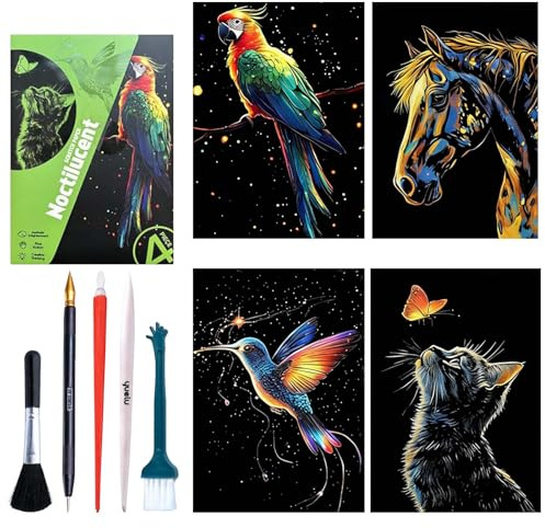 NANASUGUR Kratzkunst, 4-teiliges Leuchtendes Regenbogen-Kratznotizen-Set mit Spezialwerkzeugen Kratzbilder Kratzbild Kratzbuch Kratzpapier, Kreative Bastelmaterialien