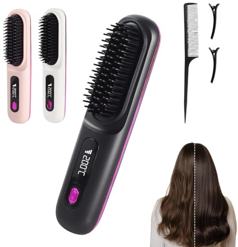 Spazzola per capelli corti, senza fili, spazzola lisciante per capelli, spazzola per capelli, spazzola portatile elettrica da viaggio, ricaricabile, design duraturo e curativo per tutti i tipi di