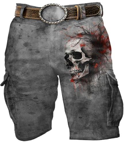 Short cargo pour homme - Vintage - Tête de mort - Pantalon cargo baggy - Pantalon tactique rétro - Multi poches - Imprimé squelette - Short de travail - Pantalon de trekking - Motif imprimé - Pantalon