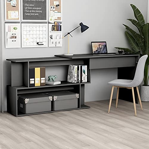Ziaphsol Hörnskrivbord grått 200 x 50 x 76 cm trämaterial med vridbar hörnform, förvaringsutrymme öppna fack som kontorsbord för PC laptop hemmakontor