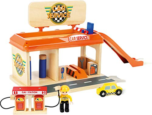 small foot 10901 Garage-station service en bois certifié 100% FSC®, accessoires inclus, compatible avec tous les rails disponibles sur le marché
