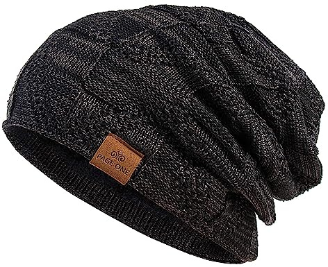 PAGE ONE Mens Winter Slouchy Beanie Warm Fleece Lined Skull Cap Baggy Cable Knit Hat Black