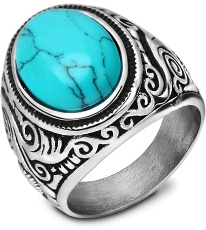 MYNENEY Retro Vintage Stone Rings for Men Turquoise Rings Stainless Steel Signet Biker Band (blue, 10)