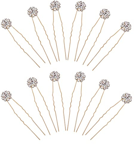 KINBOM 12 Pièces Épingles Cheveux Strass de Mariage, Épingles à Cheveux en Forme de U Fleur de Cristal Épingles à Cheveux Accessoires de Cheveux de Mariage pour Mariées Demoiselles d'Honneur (Or)