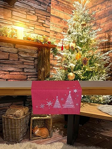 KAMACA Tischläufer 40x150 cm mit filigraner Stickerei Küche Esstisch Tisch Dekoration Eyecatcher Herbst Winter Weihnachten (Tannenbäume rot 40x150)