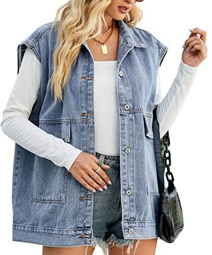 FindThy Women’s Vintage Denim Jean Vest Oversized Button Down Jean Waistcoat Gilet(1481-Blue-S-LB)
