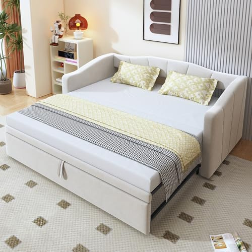 Soweiz Cama tapizada sofá cama extensible 90/180 x 200 cm con somieres, cama multifunción de terciopelo agradable al tacto, color beige