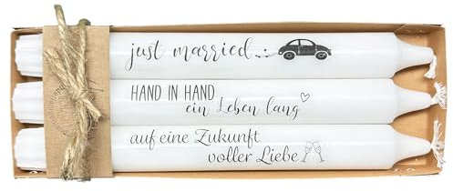 Kilala Hochzeitskerzen 3er-Set - Stabkerzen mit Sprüchen, Just Married Hand in Hand, Hochzeitsdekoration, Geschenkset, Tischdeko, Weiß, romantisch, 17,5cm hoch, 1,8cm Durchmesser