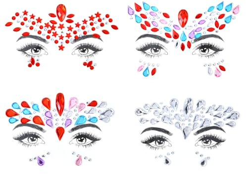 URAQT Face Gems Glitter, 4Pcs Face Glitter Festival Face Stickers Set for Music Festival Holiday Party, Self-Adhesive Rhinestone Temporary Tattoos Festival Halloween Decorations
