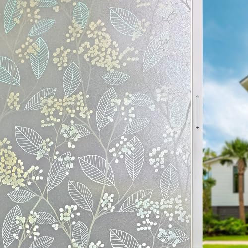 Quaslen Privacy Window Film Frosted Window Film Leaf Pattern Decorative Window Sticker Non Adhesive Anti UV Static Cling Glass Film Protection for Home Kitchen Bedroom (60 x 200 cm)