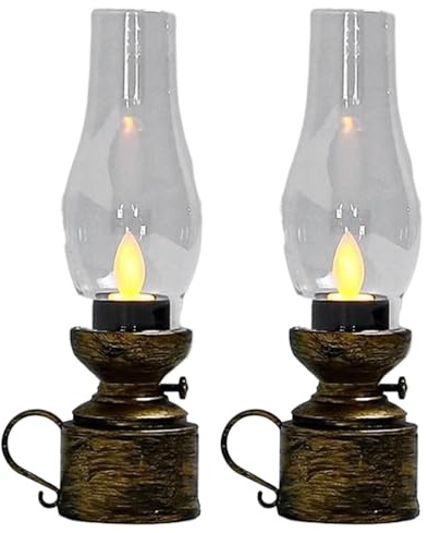 Fotogenlampa 2 st flamlös flimrande vintage oljelykta 18 x 5 cm orkanlampa med handtag batteridriven PP-oljelampa för Halloween, jul, inomhus, utomhus, brons