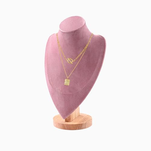 TINGSING Velvet Necklace Display Stand Jewelry Bust Display Stands with Wood Base Mannequin Necklace Pendant Chain Holder Organizer for Jewelry Showcase, Boutiques, Trade Show,Large,Pink