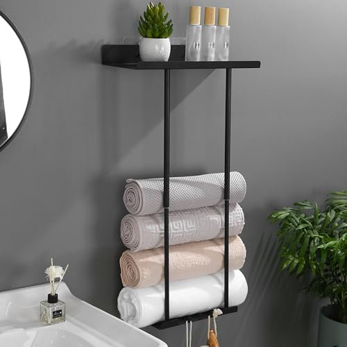 Bathroom Towel Rack Wall Mounted, Black Towel Storage Unit, No Drill Towel Rail, Stainless Steel Towel Shelf for Bathroom, Durable Towel Rack with Floating Shelf & 3 Hooks Bathroom Decor Accessories