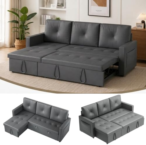 SONNI Modern bäddsoffa L-form, 203 x 130 x 88 cm, hörnsoffa med sänglåda, armstöd och sidoficka, sovfunktion, katttassläder, 3-sits, mörkgrå, perfekt för vardagsrum och hemmakontor.