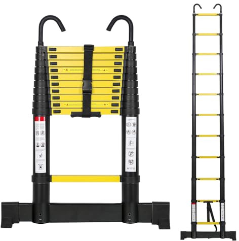 Cecaylie Échelle télescopique en aluminium de 3,2 m - Échelle extensible avec stabilisateur et crochets amovibles - Antidérapante - Multifonction - Charge maximale : 150 kg - Noir et jaune