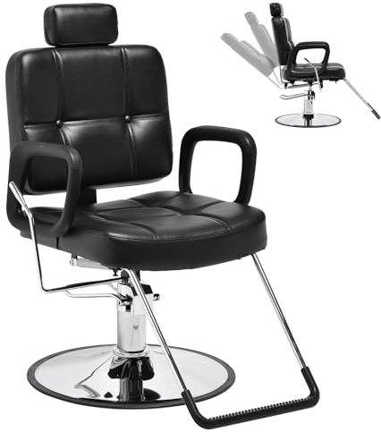 Barber Reclining Chair with Headrest - Heavy Duty Hydraulic Pump Height Adjustable,360°Swivel ,Max Load Weight 440 Lbs,Beauty Salon Spa,Barbershop,Hairdresser Cutting,Styling Stylist,Braiding,Black
