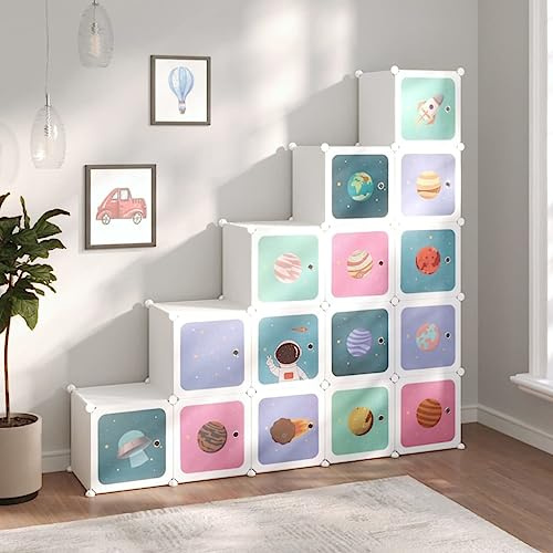 Hoopleep Barnskåp, modulär med 15 kuber, vit, PP-plast, 155 x 31,5 x 154 cm, hylla, organisatör för barnrum, förvaring