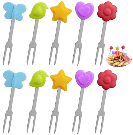 HMCEY 10 PCS Forchette da Frutta Acciaio Inox 7 CM,Forchettine Cocktail da Dolce,Forchette Dessert da Tavola con Decorazione in Silicone,Forchettine Aperitivo Stuzzicadenti per Ristorante,Home,Hotel