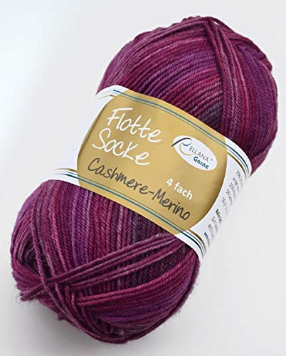 Rellana Flotte Socke Cashmere Merino Fb. 1328 - beere, 50g weiche Sockenwolle mit Kaschmir und Merinowolle zum Stricken & Häkeln