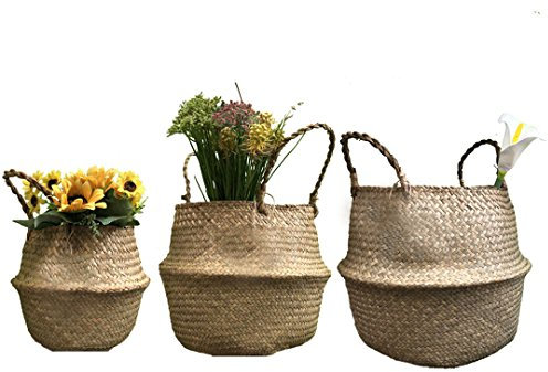 Lot de 3 paniers en jonc de mer tressé avec poignées - 27 x 24 cm/32 x 28 cm/36 x 32 cm