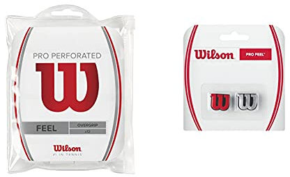 Wilson Unisex Griffband Pro Overgrip Perforated, Weiß, 12 Stück, WRZ4006WH & Logo-Vibrationsdämpfer für Tennisschläger, Pro Feel, 2er Pack, rot/Silber, WRZ537600