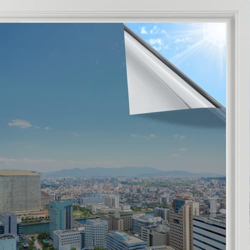 rabbitgoo One Way Window Film Privacy Film for Glass Windows, Heat Reflective Mirror Window Tint Film Anti Glare, Sun Blocker UV Window Film Clear See Out Not in for Home Office Silver 60x400cm