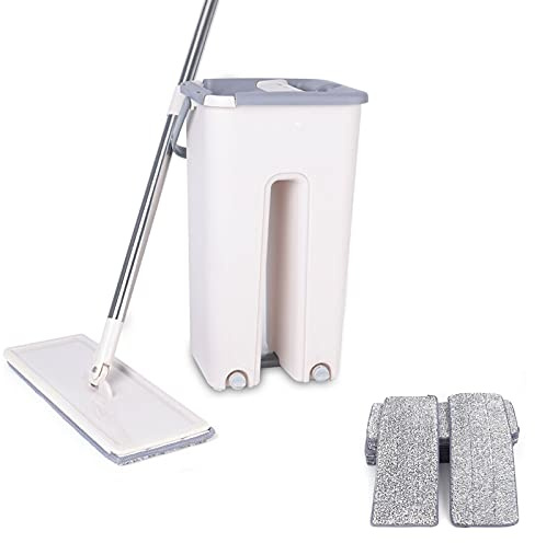 Set di mocio piatto con secchio – Set di 10 panni in microfibra, mocio con secchio con funzione di strizzatura e secchio per la pulizia del pavimento (mocio con secchiello con secchio)