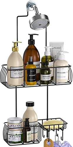 Epicano Shower Caddy Hanging, Anti-Swing Over Head Shower Caddy Rustproof with Hooks for Towels, Sponge and More, Matte Black