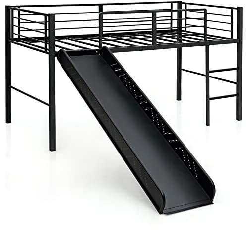 COSTWAY Lit Mezzanine Enfants avec Toboggan, 90 x 190 cm, Lit Mezzanine 1 Personne, Échelle et Structure en Métal, Pas Besoin de Sommier, pour Fille, Garçon (Noir)