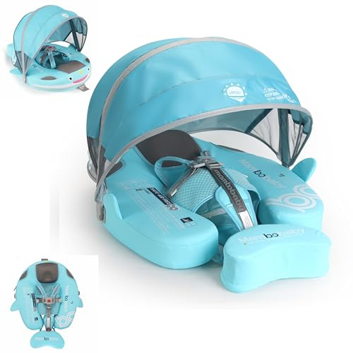 Baby Float with Canopy Non Inflatable Mambobaby Float Pool Floats, Sun Protection Baby Swimming Float Add Tail Avoid Flip Over Swim Trainer for Infants (Narwhal Green-G02NGCTLULNMA01G02)