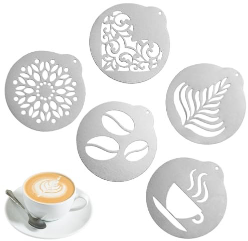 DECARETA 5er Set Edelstahl Kaffee Schablonen Cappuccino Art Schablonen Latte Dekorationsschablone Barista Milchschaum Kakao Kaffeezubehör DIY Kaffee Schablonen