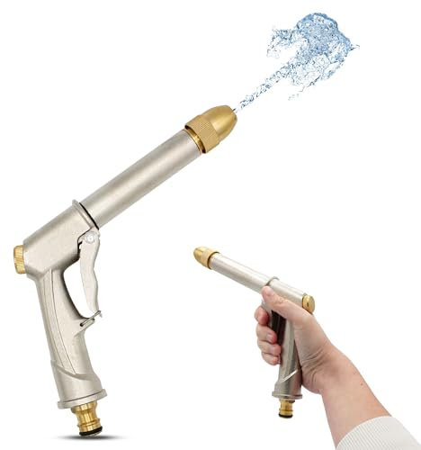 Wasserpistole für Gartenschlauch – Gehäuse aus Aluminium – Düse und Anschluss aus Messing – verstellbarer Strahl und Düse drehbar um 360 ° – verstärkter Auslöser mit Verriegelungssystem