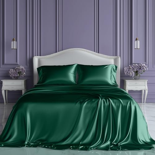 SÖM SANCTUARY Satinlakan Queen size – 4-delat lyxigt silkeslent sängset, mjukare än siden, 38 cm djup ficka, kylande och skrynkelfri, fukttransporterande och andningsbar för hår och hud (mörkgrön)
