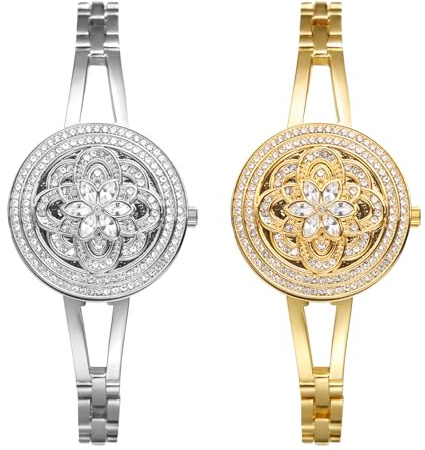 JewelryWe Orologio da donna con brillantini, 30 m, impermeabile, analogico, al quarzo, con cinturino in acciaio inox, piccolo strass e quadrante con conchiglia, Set da 2, Bracciale