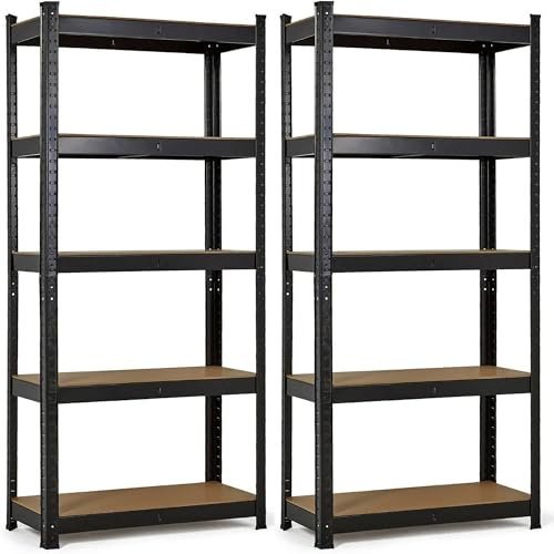 ZENO 5-Tier Garage Shelving Units | Set of 2 Shelving Units | Heavy Duty Garage Shelving | Shelving Unit For Storage | Metal Storage Shelves | Easy To Assemble | 875KG Load Capacity (Black, Regular)