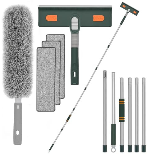 Flow fire 250 cm Fensterabzieher mit Teleskopstiel Kopf und Teleskopstange, Professioneller Teleskop Fensterwischer mit Silikonschaber und Mikrofaserschrubber, Geeignet für Innen und Außenfenster