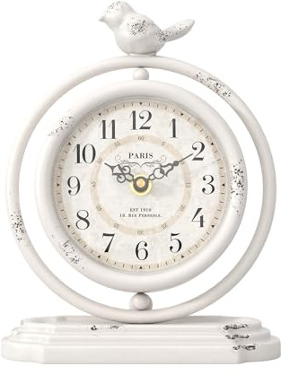 ChimeTide White Vintage Table Clock with Bird, European Retro Style Mantel Clocks, Desk and Shelf Decor Clock, for Living Room, Farmhouse, Bedside, Bedroom, Gift (7.9 H x 6.3 W)