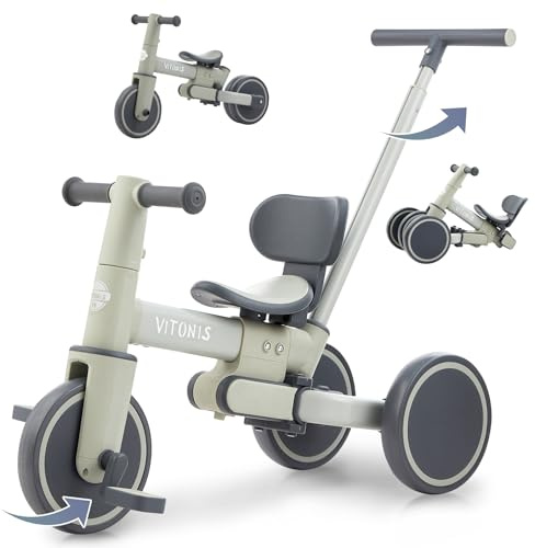 Bicicletta senza pedali da 1 anno, triciclo 5 in 1 con barra di spinta per bambini, bicicletta senza pedali per bambini piccoli, regalo per bambini e bambine
