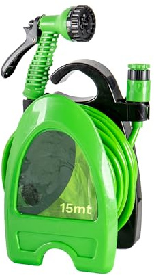IlGruppone Tubo Irrigazione con Supporto Avvolgitubo e Pistola Multifunzione 10 m / 15 m Kit Irrigazione Compatto da Giardino con Raccordi - 15 Metri