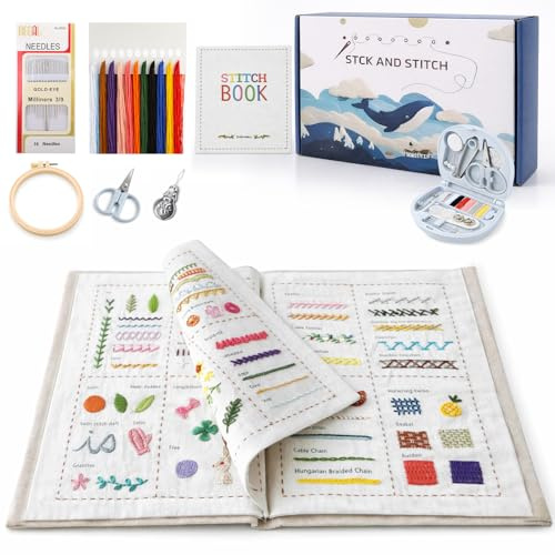 Stickbuch zum Selber Sticken, DIY Sticken Set für Erwachsene und Anfänger – enthält 143 Stiche Näh-Übungsleitfaden, komplettes Stickset für Anfänger(mit Garn, Mini-Nähkästchen und Nadeleinfädler)