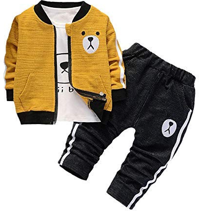 Baby pojkar 3 st kläder kostym långärmad t-shirt + jacka + byxor nyfödda vardagliga sportkläder, gUL, 18-24 Months