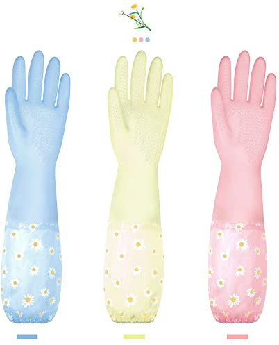 KAQ Dishwashing Cleaning Gloves 3 Pairs-Reusable Rubber Gloves Non-Slip Laundry Kitchen Gardening Household Gloves(Long Cuff)