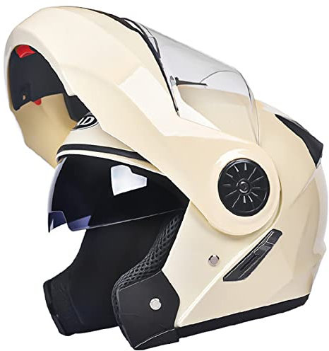Motorrad-Integral-Klapphelm mit Doppelvisier DOT/ECE-zugelassener Motorrad-Moped-Street-Bike-Racing-Sturzhelm für Erwachsene Männer und Frauen,Beige,One Size