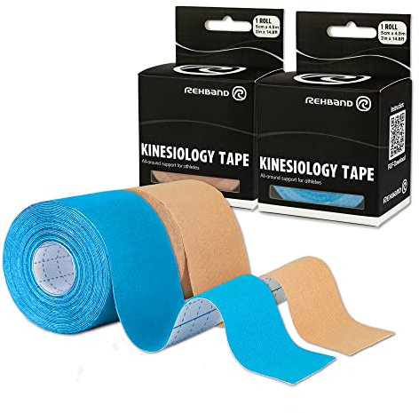 Rehband Kinesiologie Tape zur Selbstanwendung, Physio Sport-Tape zur Unterstützung von Gelenken & Muskulatur, wasserfest, hautfreundlich, elastisch, Farbe:1 x Blau / 1 x Beige, Größe:2 Rollen