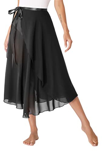 iiniim Falda Cruzada para Ballet Gasa Mujer Wrap Over Bufanda Falda de Danza Ballet con Lazo de Cintura para Niña Mujer Traje de Baile Rendimiento Falda de Baile B Negro Talla única