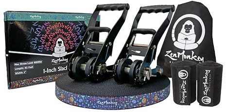 ZenMonkey 1 Slackline Kit with Dual Ratchet System, Two-Tone Webbing, 82ft Length, Tree Protectors and Carry Bag